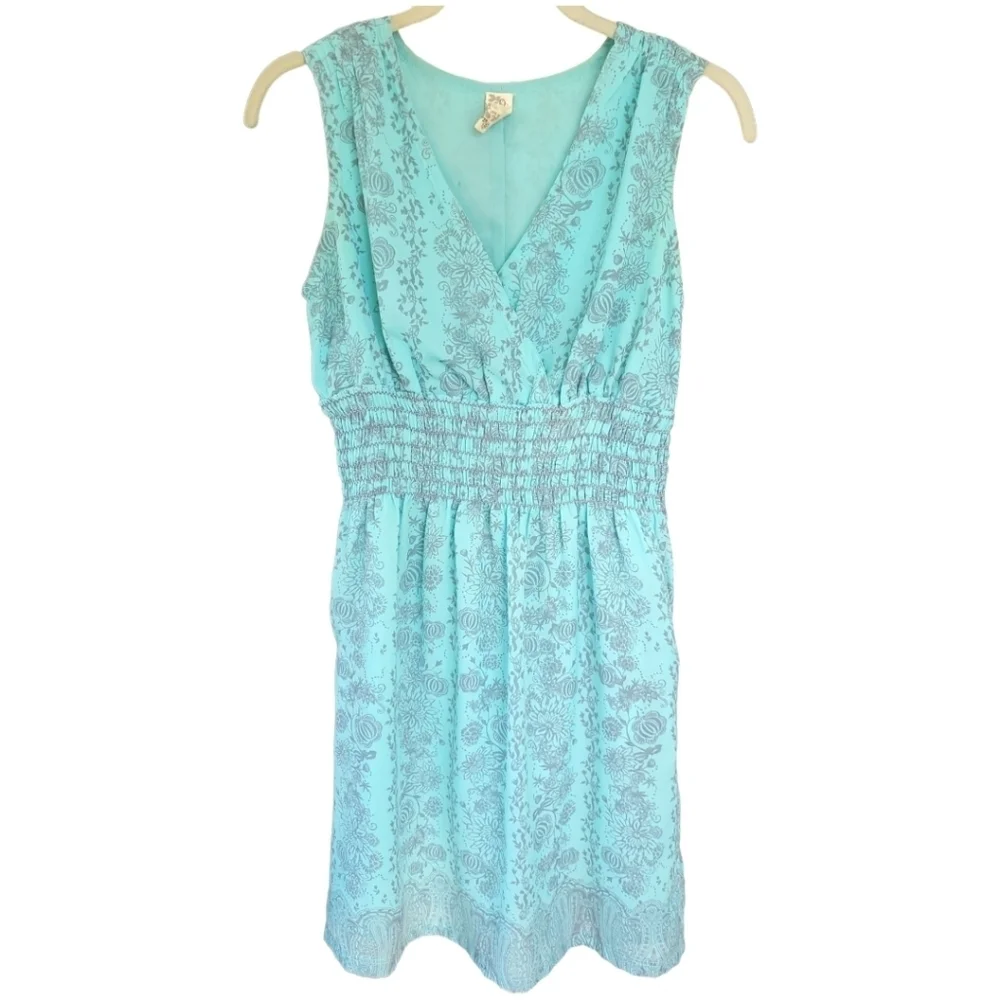 AVENTURA S Resort Vacation Mini Dress Aqua Blue Grey Babydoll Y2k Pockets - Picture 2 of 12